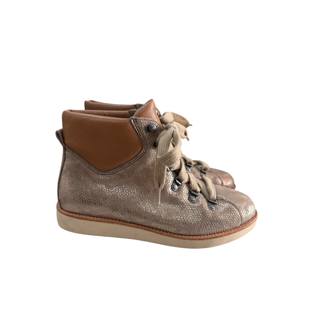 Bionica 7.5 Natick Snakeskin Leather High Top Lace Up Boots Matallic Gold Tan